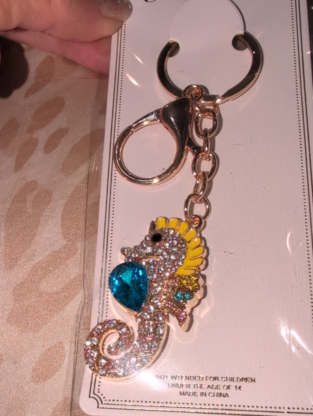 Gold-Tone Seahorse Keychain with Blue Crystal & Yellow Accents